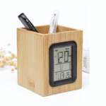 Organiseur de bureau en bambou avec horloge digitale