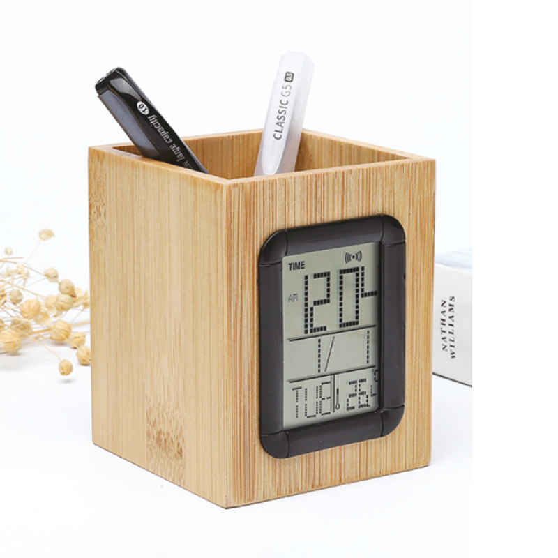 PS37 Organiseur de bureau en bambou avec horloge digitale – Image 1
