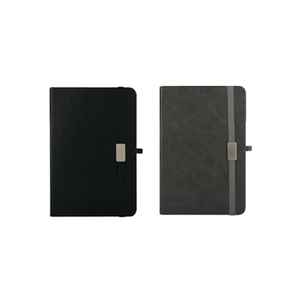 Carnet de notes avec élastique de fermeture et plaque métallique personnalisable